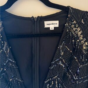 Super down black fringe sparkly mini dress, long sleeve size medium